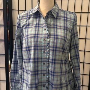 Talbots Plaid Button-Up Ruffle front Shirt